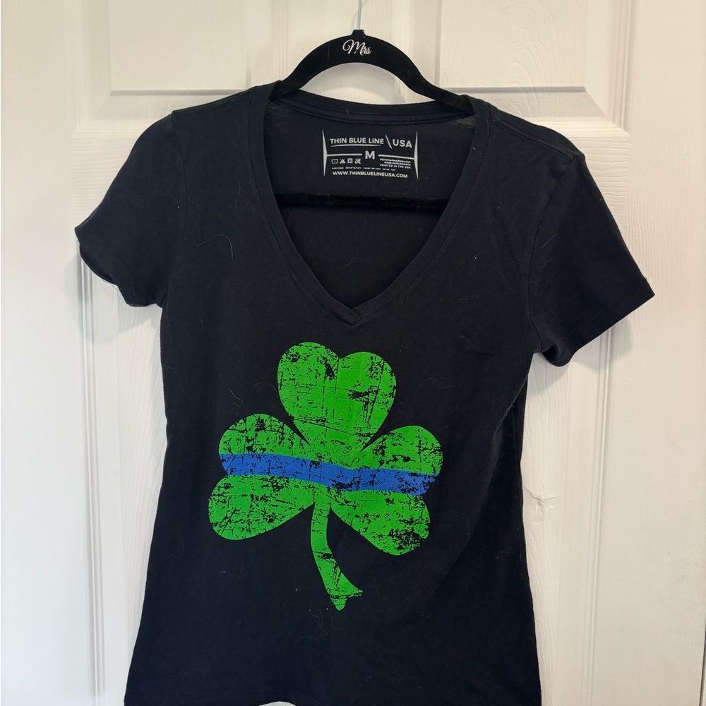Thin Blue Line Shamrock V-Neck Tee - Black & Green